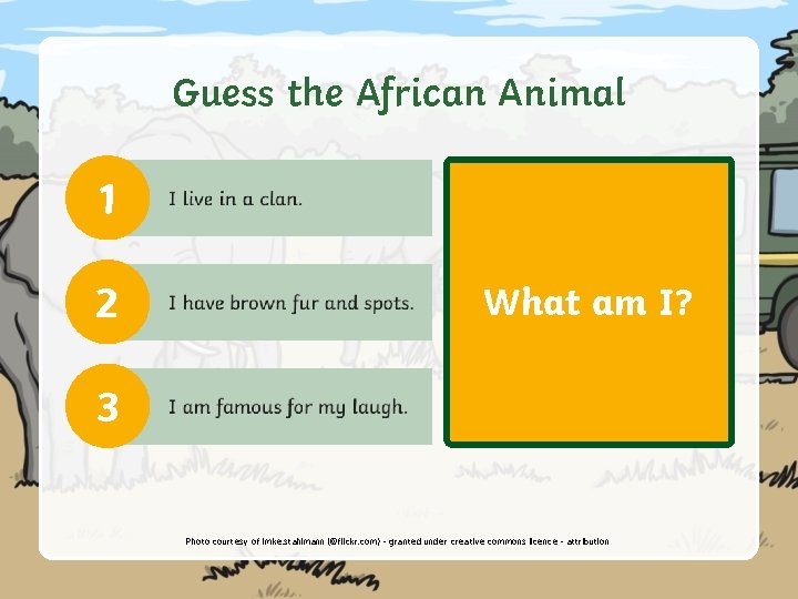 Guess the African Animal 1 2 What am I? 3 A hyena! Photo courtesy