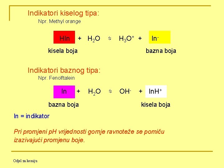 Indikatori kiselog tipa: Npr. Methyl orange HIn + H 2 O ⇋ H 3