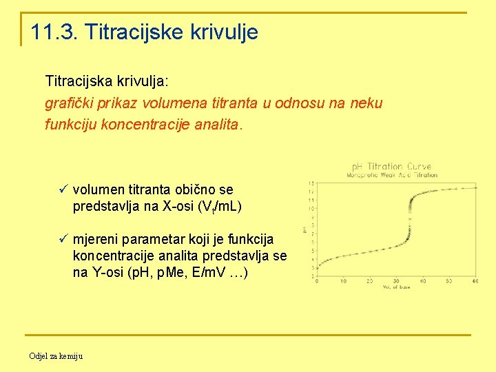 11. 3. Titracijske krivulje Titracijska krivulja: grafički prikaz volumena titranta u odnosu na neku