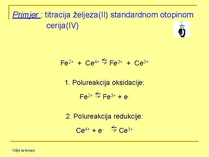Primjer : titracija željeza(II) standardnom otopinom cerija(IV) ⇋ Fe 2+ + Ce 4+ Fe