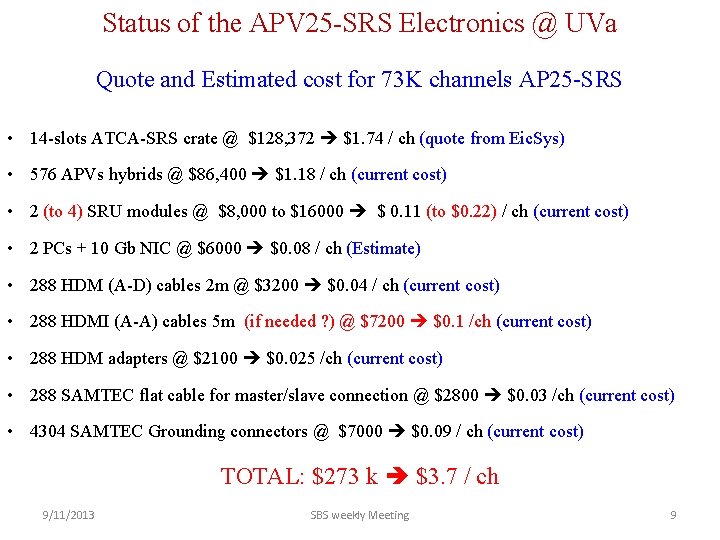 Status of the APV 25 -SRS Electronics @ UVa Quote and Estimated cost for Status of the APV 25 -SRS Electronics @ UVa Quote and Estimated cost for