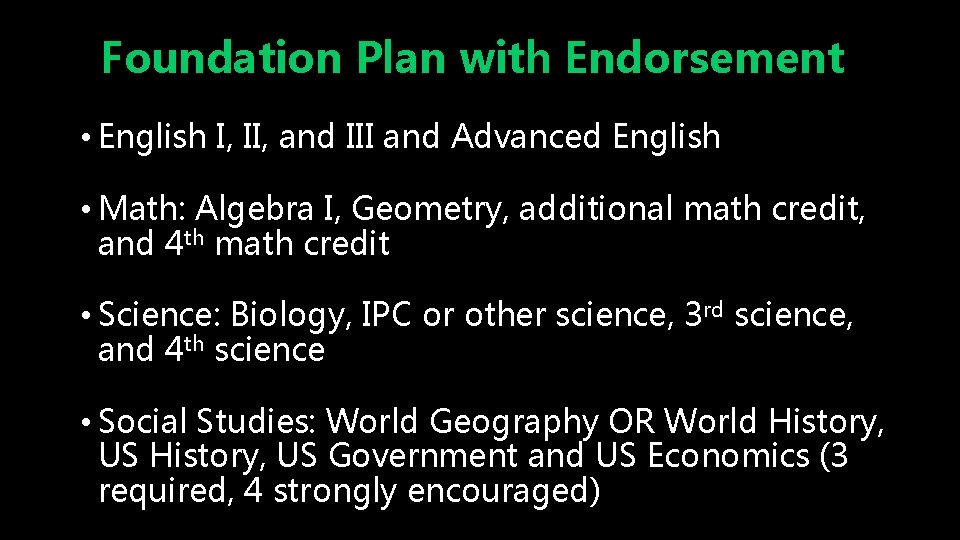 Foundation Plan with Endorsement • English I, II, and III and Advanced English •