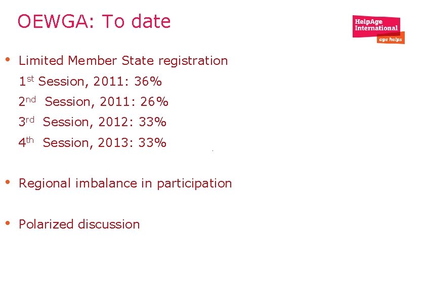 OEWGA: To date • Limited Member State registration 1 st Session, 2011: 36% 2