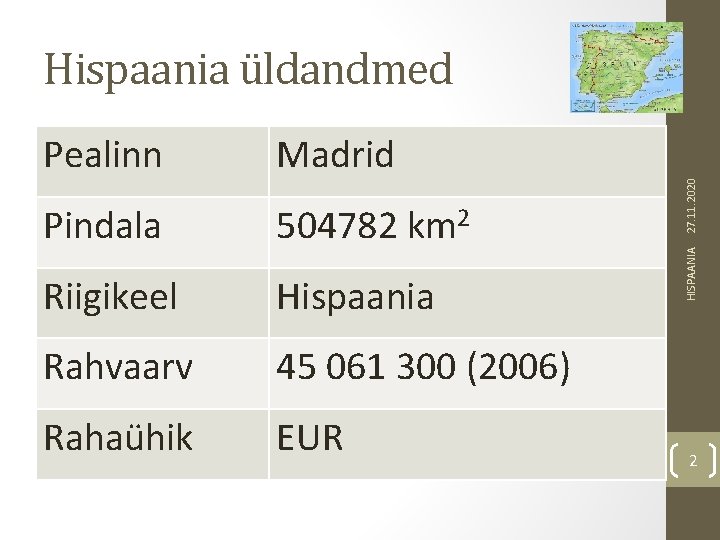 Madrid Pindala 504782 km 2 Riigikeel Hispaania Rahvaarv 45 061 300 (2006) Rahaühik EUR