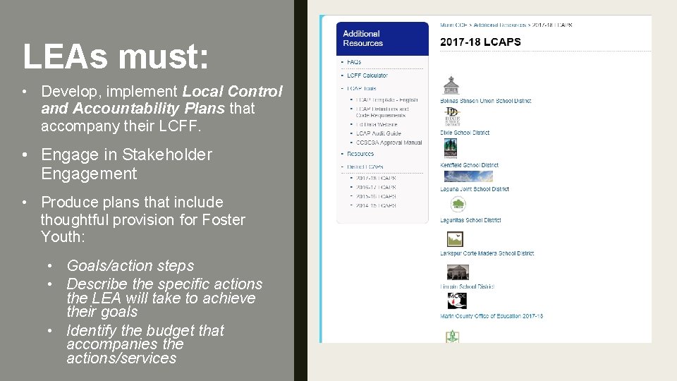LEAs must: • Develop, implement Local Control and Accountability Plans that accompany their LCFF.