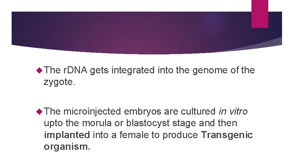  The r. DNA gets integrated into the genome of the zygote. The microinjected