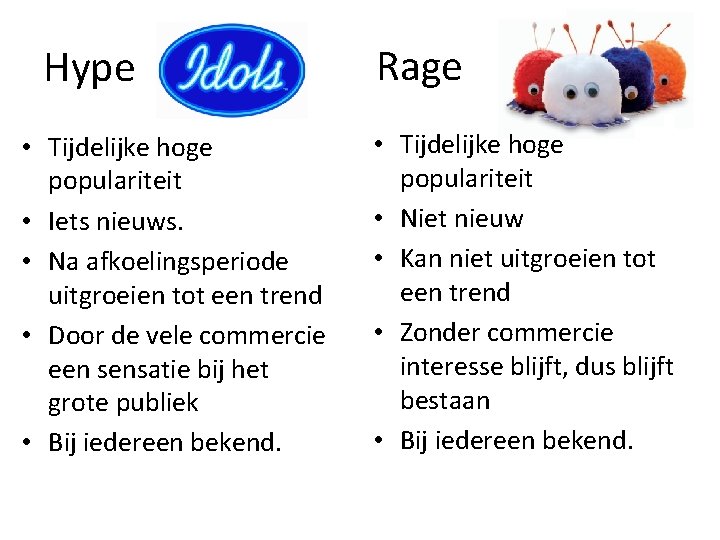 Hype • Tijdelijke hoge populariteit • Iets nieuws. • Na afkoelingsperiode uitgroeien tot een