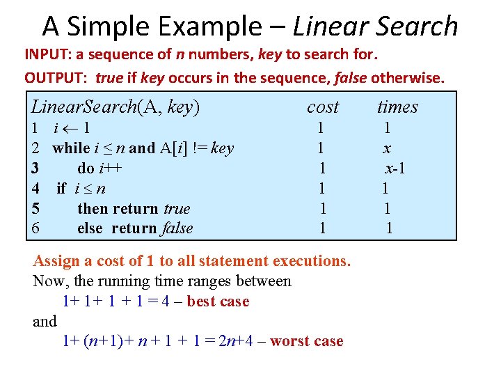 A Simple Example – Linear Search INPUT: a sequence of n numbers, key to