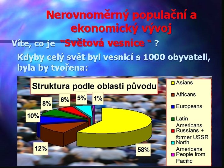 Nerovnoměrný populační a ekonomický vývoj Víte, co je “Světová vesnice “ ? Kdyby celý