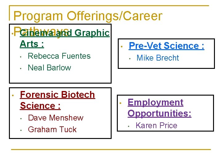 Program Offerings/Career • Pathways Cinema and Graphic Arts : • • • Rebecca Fuentes