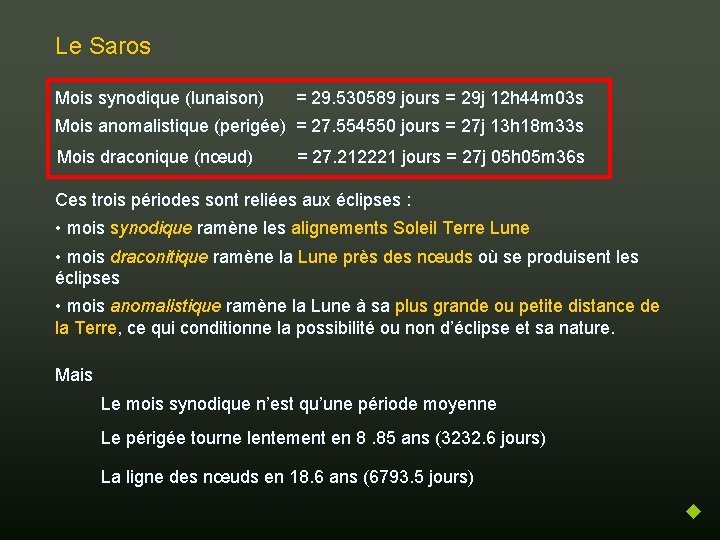 Le Saros Mois synodique (lunaison) = 29. 530589 jours = 29 j 12 h