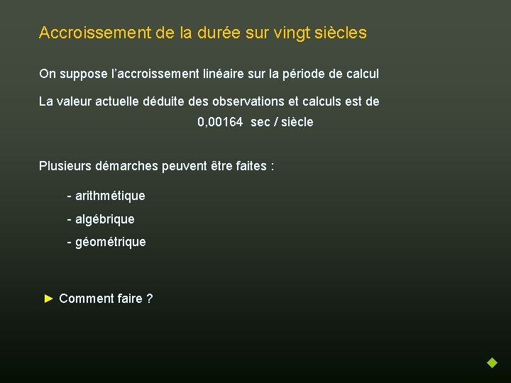 Accroissement de la durée sur vingt siècles On suppose l’accroissement linéaire sur la période