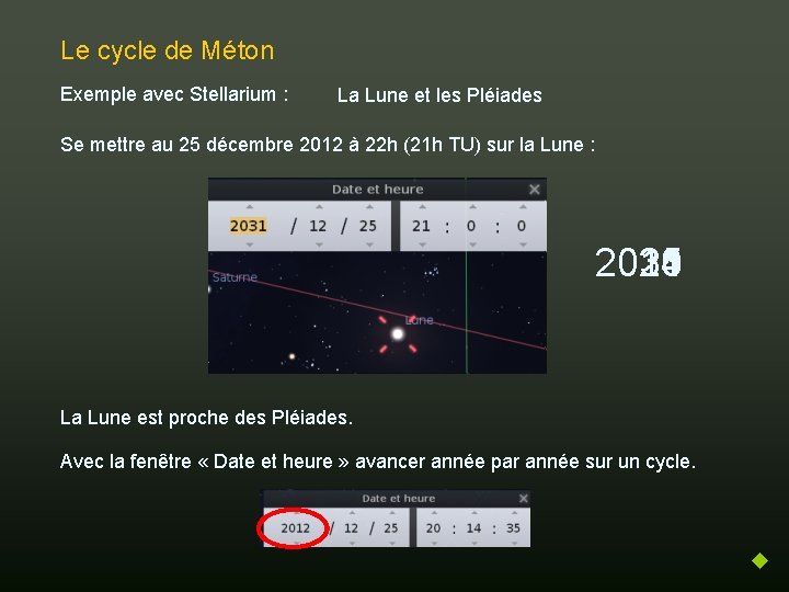 Le cycle de Méton Exemple avec Stellarium : La Lune et les Pléiades Se