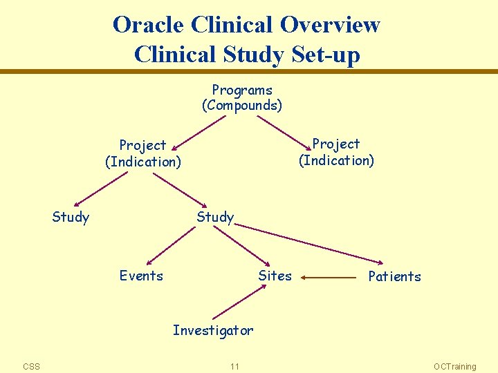 Oracle Clinical Overview Clinical Study Set-up Programs (Compounds) Project (Indication) Study Events Sites Patients