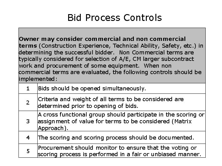 Bid Process Controls Owner may consider commercial and non commercial terms (Construction Experience, Technical