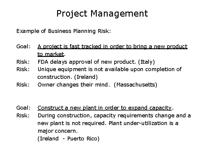 Project Management Example of Business Planning Risk: Goal: A project is fast tracked in