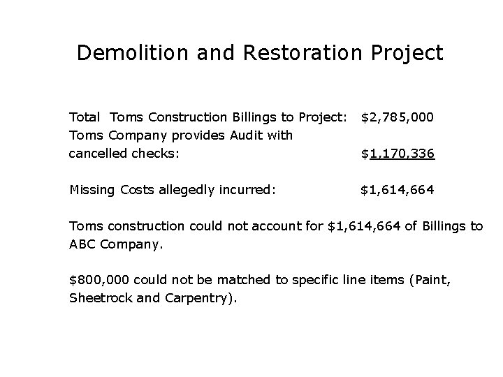 Demolition and Restoration Project Total Toms Construction Billings to Project: $2, 785, 000 Toms