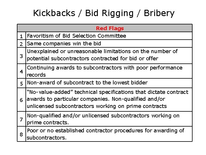 Kickbacks / Bid Rigging / Bribery Red Flags 1 Favoritism of Bid Selection Committee