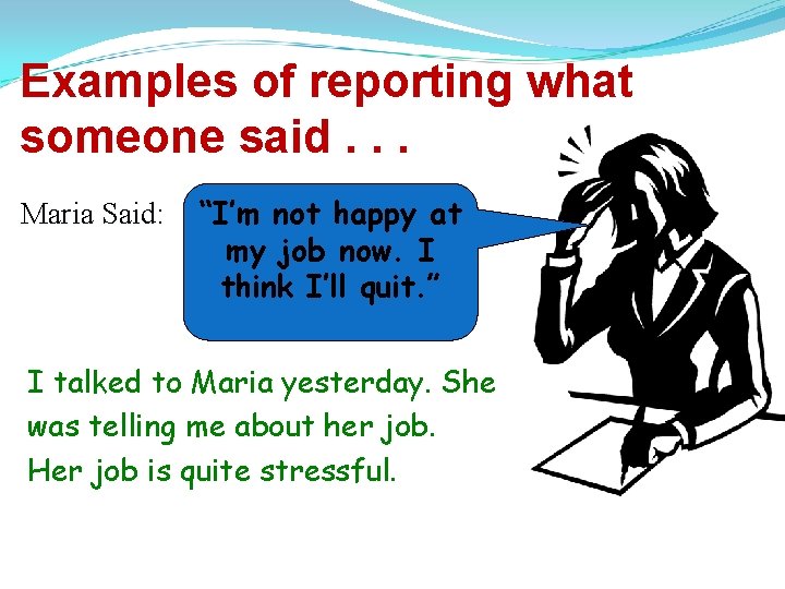 Examples of reporting what someone said. . . Maria Said: “I’m not happy at