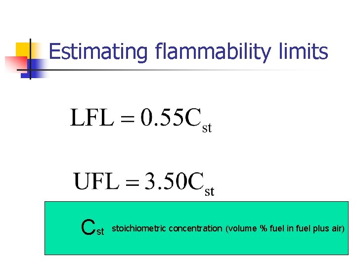 Estimating flammability limits Cst stoichiometric concentration (volume % fuel in fuel plus air) 