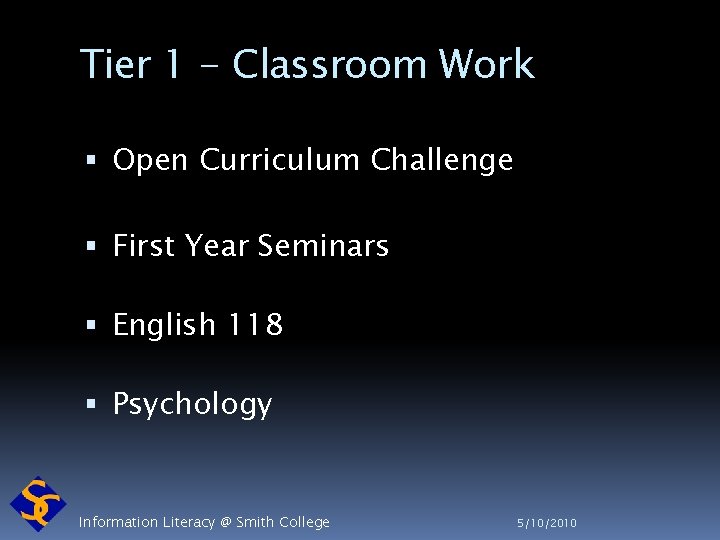 Tier 1 - Classroom Work Open Curriculum Challenge First Year Seminars English 118 Psychology