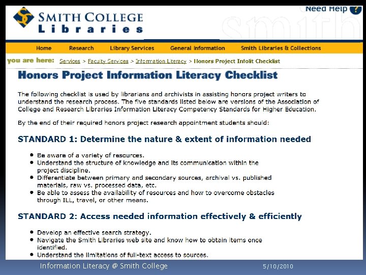 Information Literacy @ Smith College 5/10/2010 