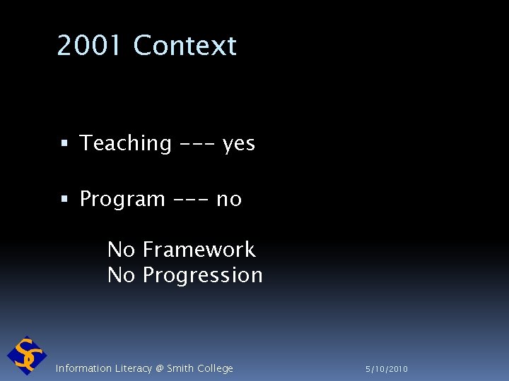 2001 Context Teaching --- yes Program --- no No Framework No Progression Information Literacy