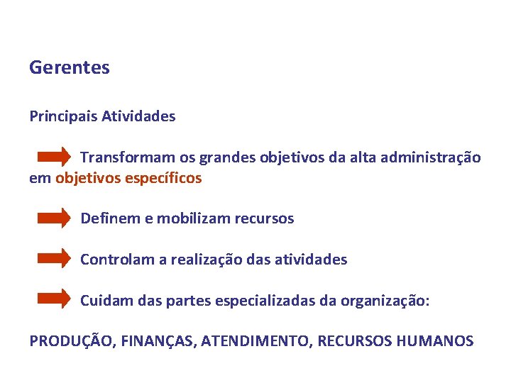 Gerentes Principais Atividades Transformam os grandes objetivos da alta administração em objetivos específicos Definem