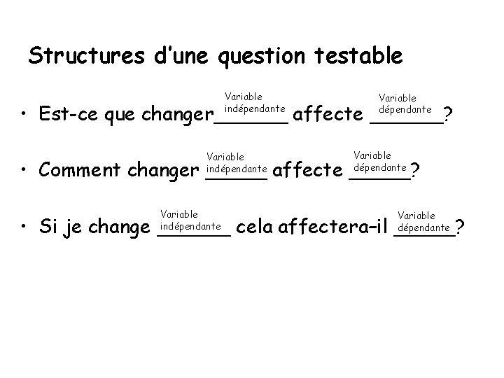 Structures d’une question testable Variable indépendante Variable dépendante • Est-ce que changer______ affecte ______?