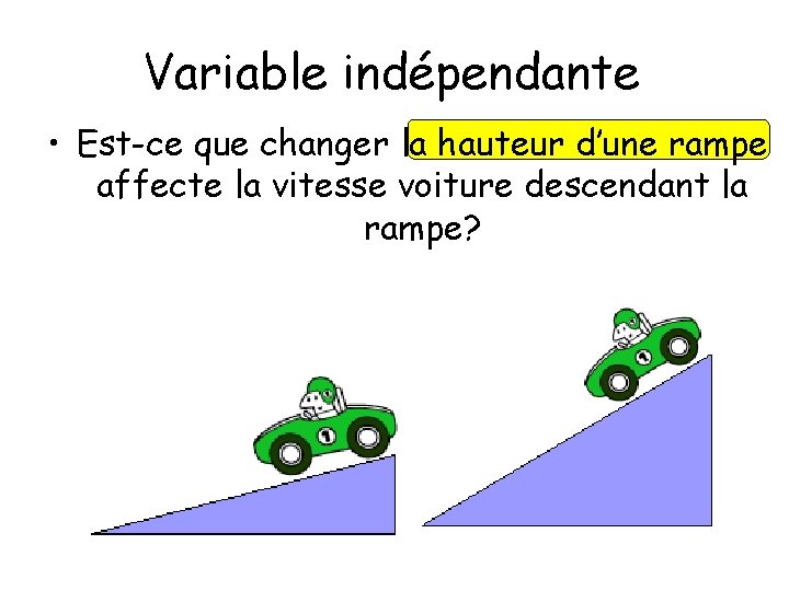 Variable indépendante • Est-ce que changer la hauteur d’une rampe affecte la vitesse voiture