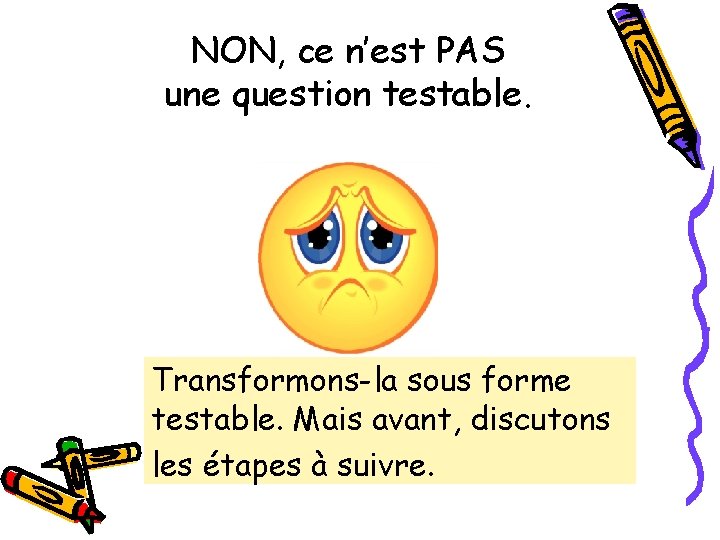 NON, ce n’est PAS une question testable. Transformons-la sous forme testable. Mais avant, discutons