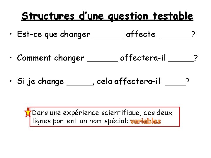 Structures d’une question testable • Est-ce que changer ______ affecte ______? • Comment changer