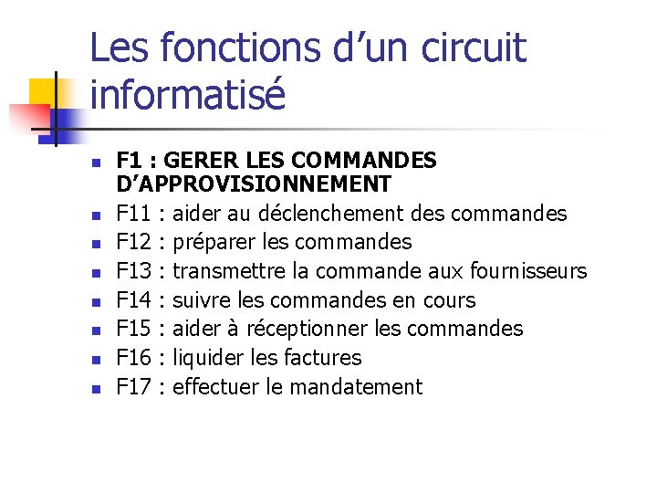 Les fonctions d’un circuit informatisé n n n n F 1 : GERER LES