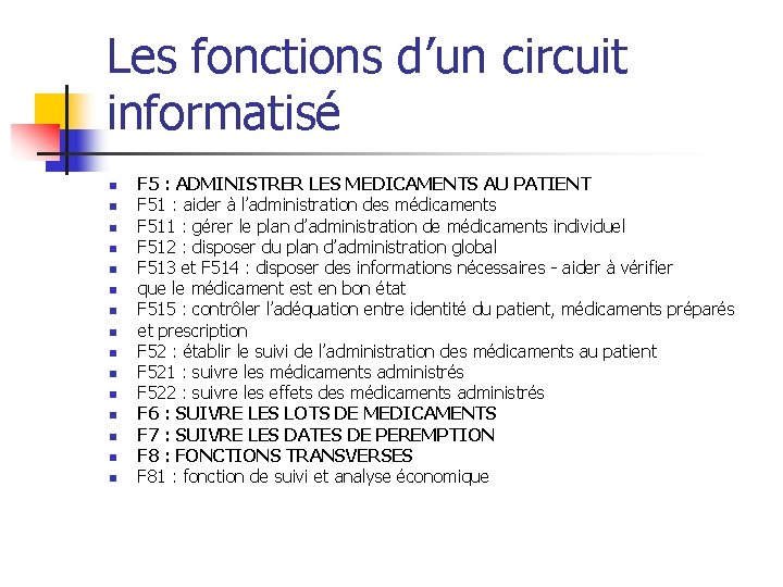 Les fonctions d’un circuit informatisé n n n n F 5 : ADMINISTRER LES