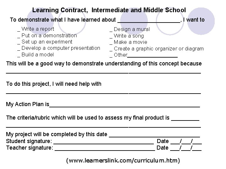 Learning Contract, Intermediate and Middle School To demonstrate what I have learned about __________,