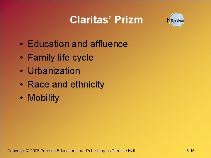 Claritas’ Prizm • • • Education and affluence Family life cycle Urbanization Race and