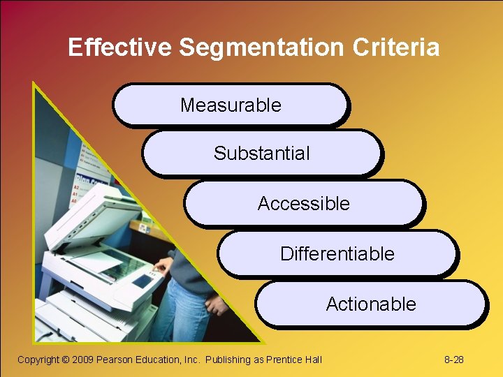 Effective Segmentation Criteria Measurable Substantial Accessible Differentiable Actionable Copyright © 2009 Pearson Education, Inc.