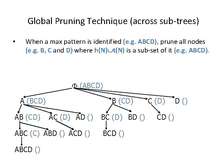 Global Pruning Technique (across sub-trees) • When a max pattern is identified (e. g.