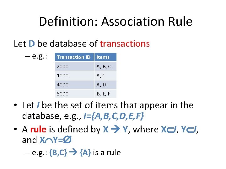 Definition: Association Rule Let D be database of transactions – e. g. : Transaction
