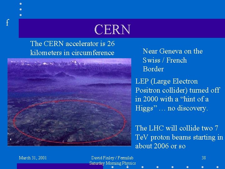 f CERN The CERN accelerator is 26 kilometers in circumference Near Geneva on the