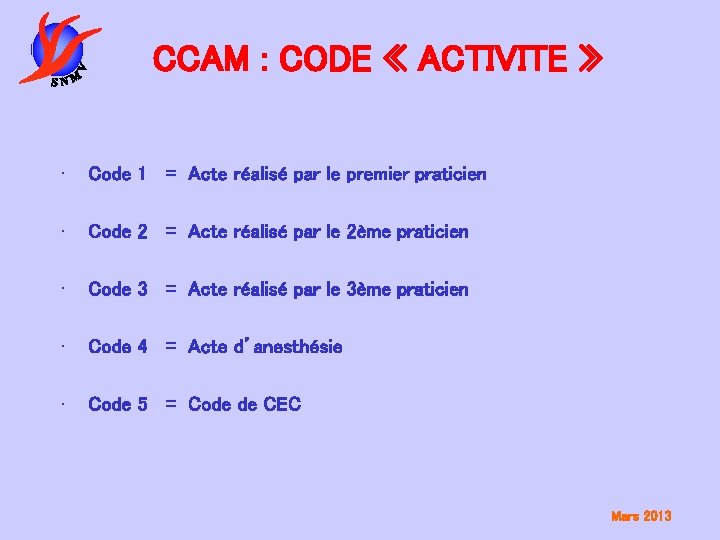 CCAM : CODE « ACTIVITE » • Code 1 = Acte réalisé par le