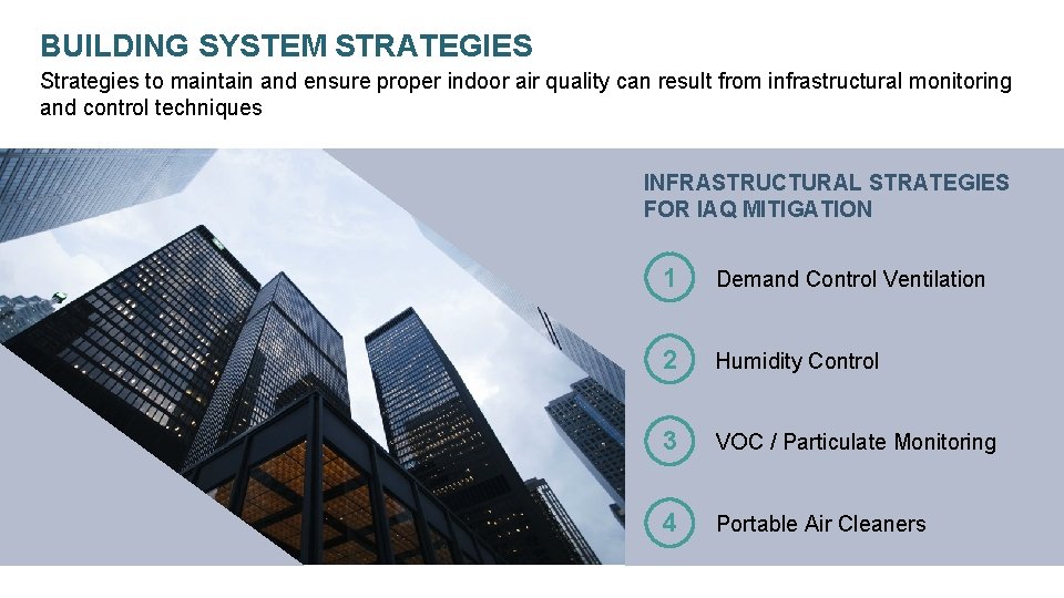 BUILDING SYSTEM STRATEGIES Strategies to maintain and ensure proper indoor air quality can result