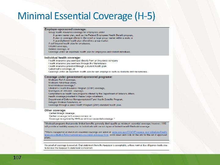 Minimal Essential Coverage (H-5) 107 