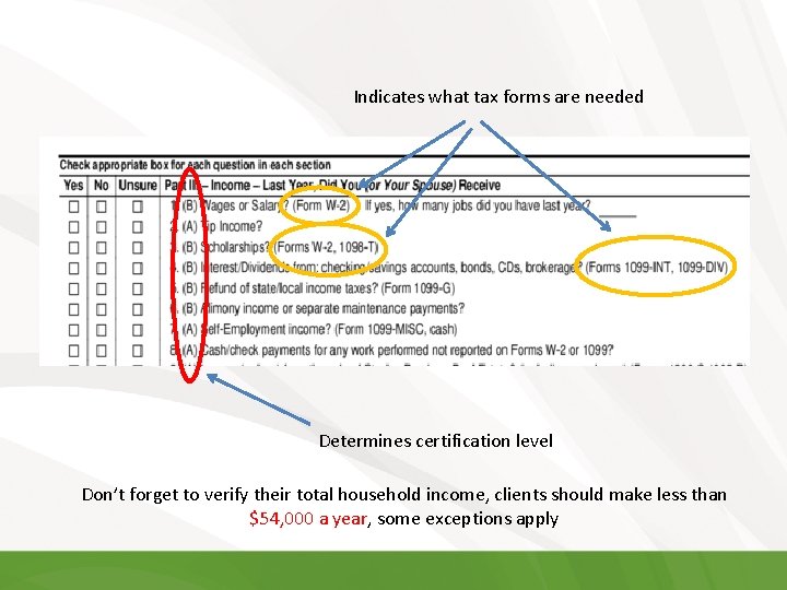 Indicates what tax forms are needed Determines certification level Don’t forget to verify their