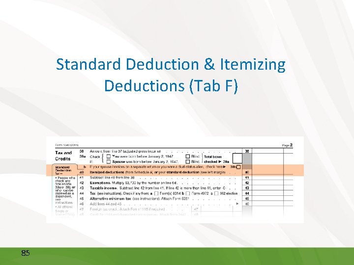 Standard Deduction & Itemizing Deductions (Tab F) 85 