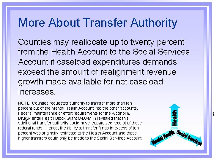 More About Transfer Authority Counties may reallocate up to twenty percent from the Health