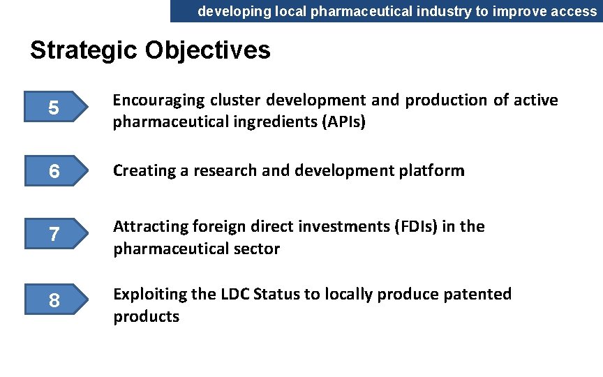 developing local pharmaceutical industry to improve access Strategic Objectives 5 Encouraging cluster development and