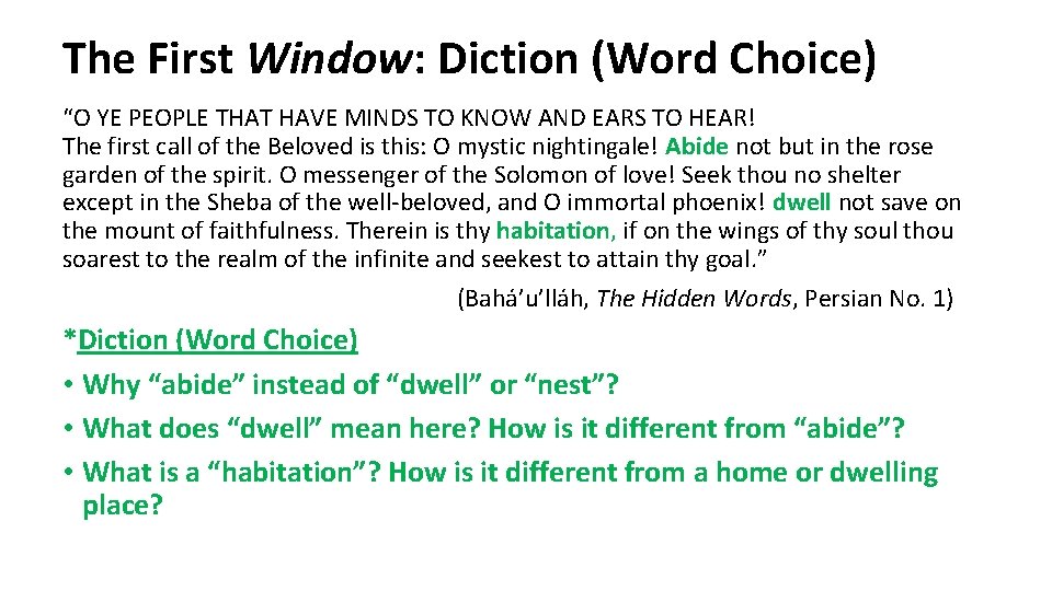 The First Window: Diction (Word Choice) “O YE PEOPLE THAT HAVE MINDS TO KNOW The First Window: Diction (Word Choice) “O YE PEOPLE THAT HAVE MINDS TO KNOW
