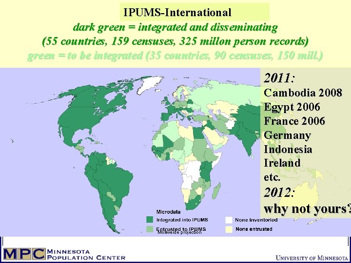 IPUMS-International dark green = integrated and disseminating (55 countries, 159 censuses, 325 millon person