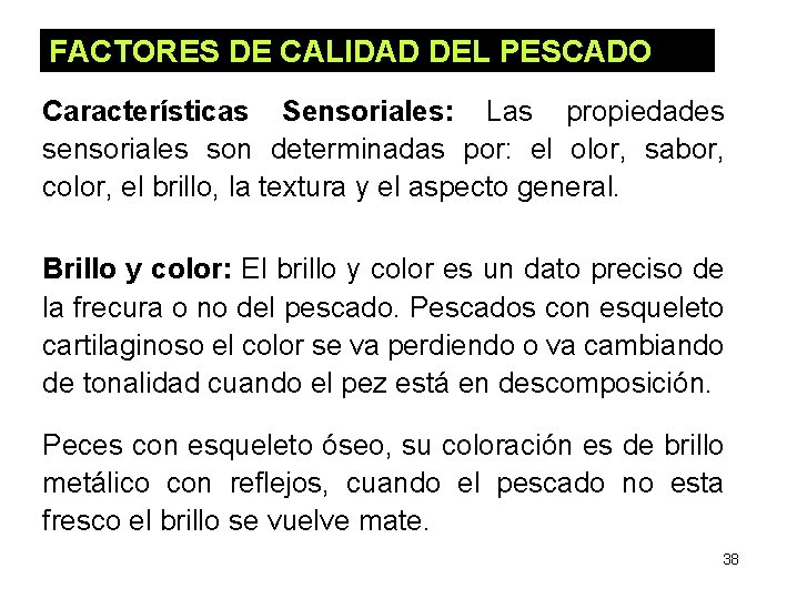 FACTORES DE CALIDAD DEL PESCADO Características Sensoriales: Las propiedades sensoriales son determinadas por: el